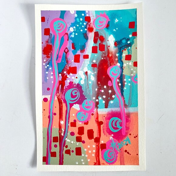 Summer Pop 2 Original Art Acrylic Painting Turquoise Pink Red Frame Ready 8x10in - Picture 1 of 6